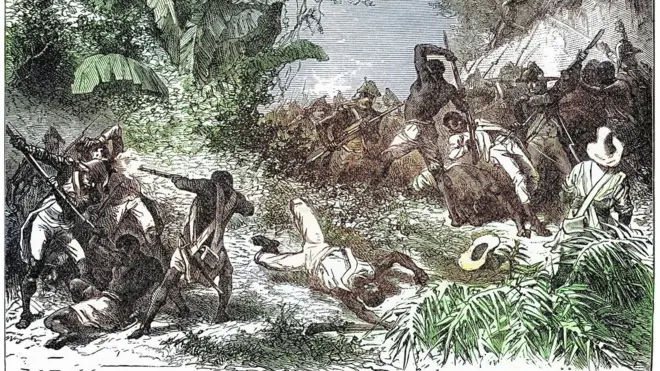 Tableau d'une révolte d'esclaves qui affrontent leurs maîtres