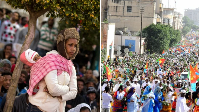 ክልተ ዝተላገበ ኣሳእል፡ ብጸጋም ኣብ መንጎ ኣብ መሬት ኮፍ ዝበሉ ቈልዓ ዝሓዘለት ኣደ ኢዳ ኣጣሚራ ደው ኢላ ትርአ፣ ብየማን ኣብ ጐደናታት ኣስመራ ህዝቢ ተኣኪቡ መዓልቲ ናጽነት እናኣብዓለ ይርአ።