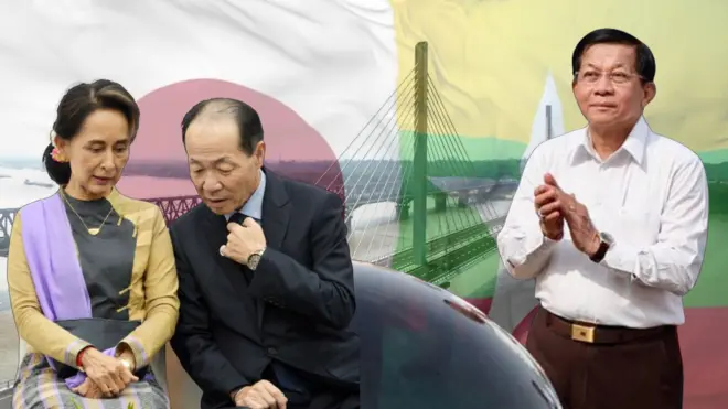  ဂျပန်နိုင်ငံအပြည်ပြည် ဆိုင်ရာပူးပေါင်းဆောင်ရွက်ရေး အေဂျင်စီ(JICA)ရဲ့ သက်သာသည့်ချေးငွေနဲ့ အကောင် အထည်ဖော် ဆောင်ရွက်ခဲ့တဲ့ ပဲခူးမြစ်ကူးတံတား(သန်လျင်တံတားအမှတ်-၃) ဖွင့်ပွဲအခမ်းအနားကိုတက်ရောက်ခဲ့တဲ့ စစ်ခေါင်းဆောင်ဗိုလ်ချုပ်မှူးကြီးမင်းအောင်လှိုင်နဲ့ ဒေါ်အောင်ဆန်းစုကြည်နဲ့အတူတွေ့ရတဲ့ ဂျပန်သံအမတ်ဟောင်း အိချီရို မာရုယာမ တို့ကိုသရုပ်ဖော်ပုံ။ 