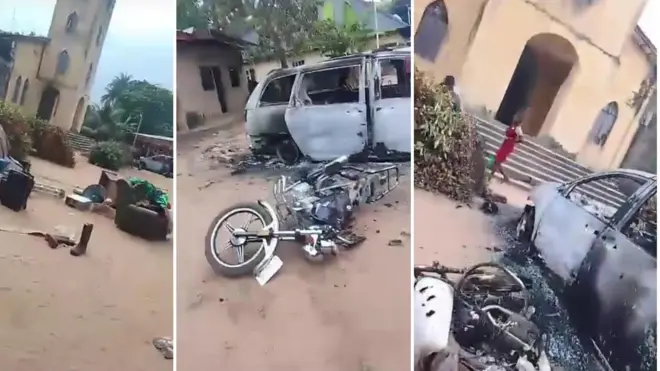 Àwòrán àwọn ọkọ̀, ọ̀kadà àti ilé ìjọ́sìn táwọn agbébọn náà jó níná