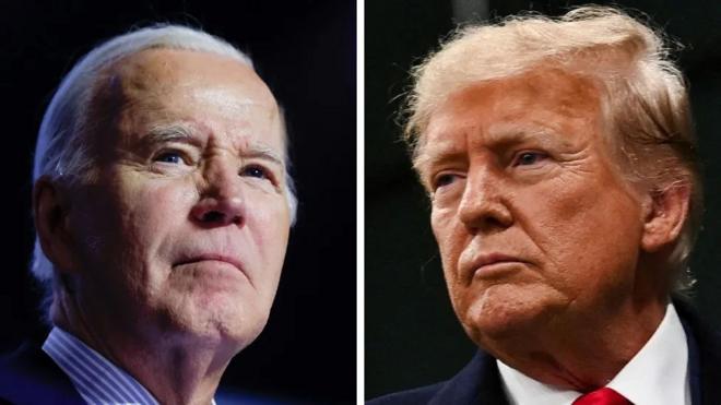 Montagem com rostos de Biden e Trump
