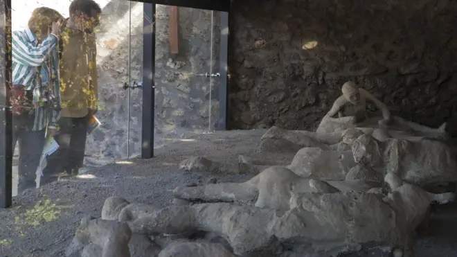 Casts of victims of the volcanic eruption on display in Pompeii