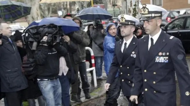 Italian marines Salvatore Girone (left) and Massimiliano Latorre, arrive at a military prosecutor's office in Rome on Wednesday 20 March 2013