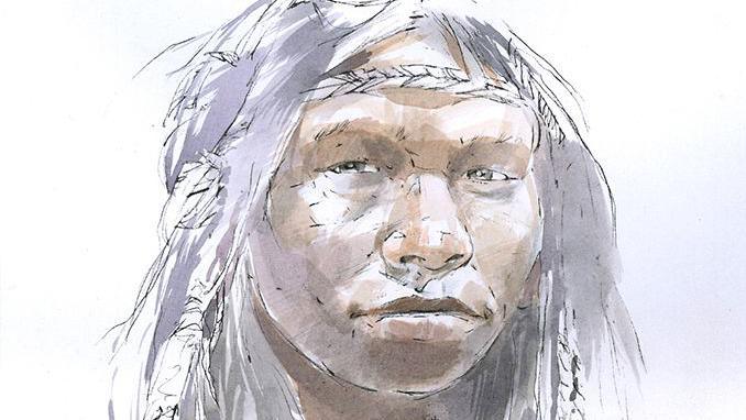 Ilustración de una mujer denisovana, en la que se aprecia sus ojos pequeños y pómulos pronunciados.