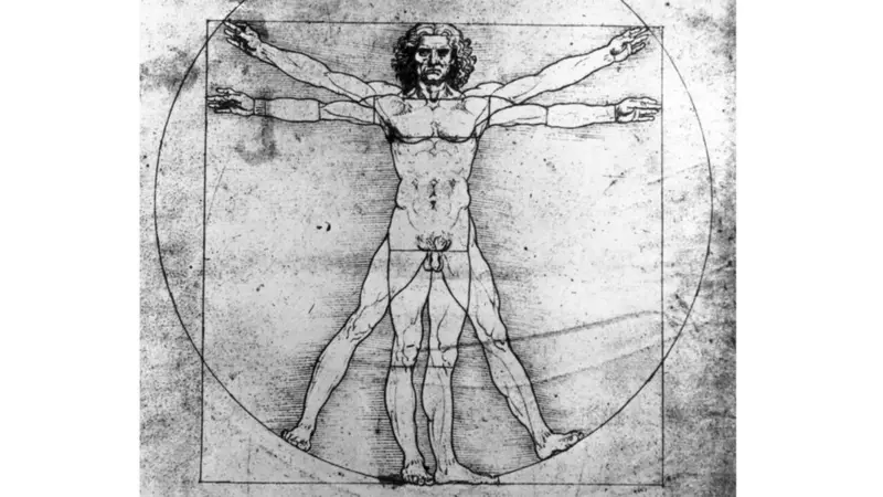 El dibujo interpreta las teorías de la proporción del cuerpo del arquitecto Vitruvio.