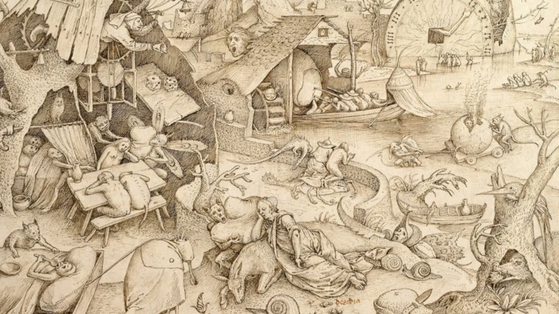 رسم من العصور الوسطى يصوّر مشاهد لشخصيات بشرية وحيوانات ومخلوقات خيالية، بعضها نائم أو مستلقٍ وبعضها منخرط في أنشطة غير منطقية، في مشهد يرمز إلى الخمول والفوضى وفقدان الدافع.