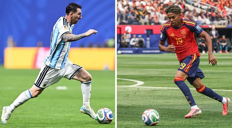صورة مركبة تُظهر مهاجم المنتخب الأرجنتيني، رقم 10، ليونيل ميسي، إلى يسار الصورة خلال إحدى مباريات منتخب التانغو في كأس العالم، فيما يظهر نجم المنتخب الإسباني، رقم 19، لامين يامال، إلى يمين الصورة خلال إحدى مباريات منتخب بلاده في البطولة.