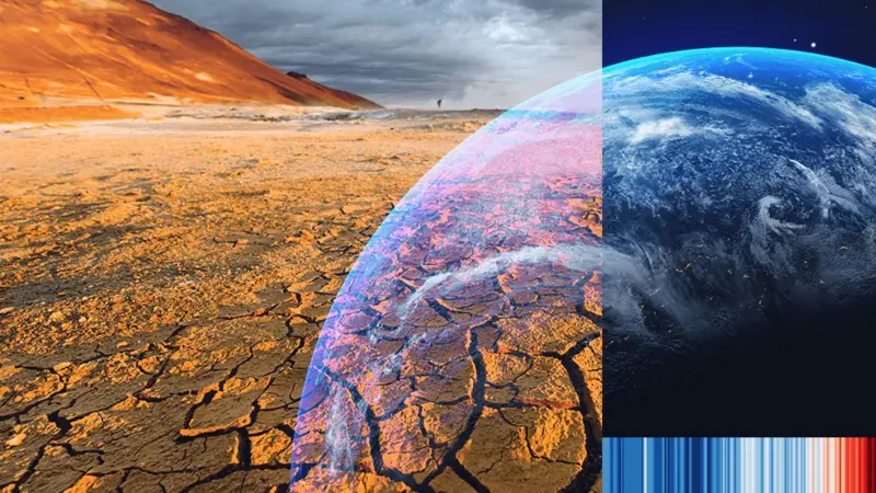 Ilustracija sa nekoliko prikaza planete Zemlje, levo je suho, ispucalo tlo, desno planeta viđena iz svemira