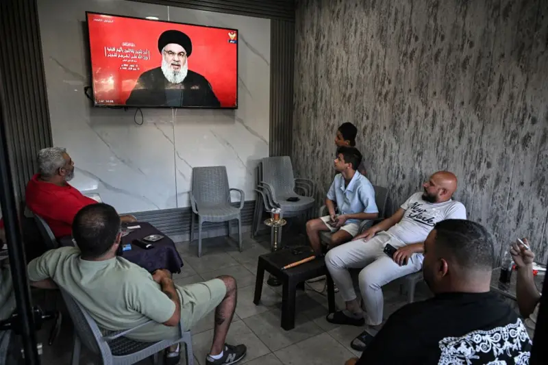 Hezbollah's leader Hassan Nasrallah during his speech