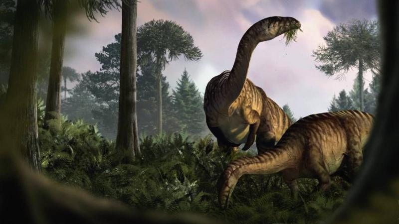 Ilustración artísitica de un sauropodomorfo, dinosaurio herbívoro que se alimentaba de helechos