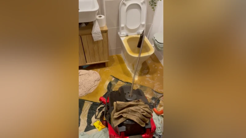 Una mujer lucha por detener las aguas residuales que salen del inodoro