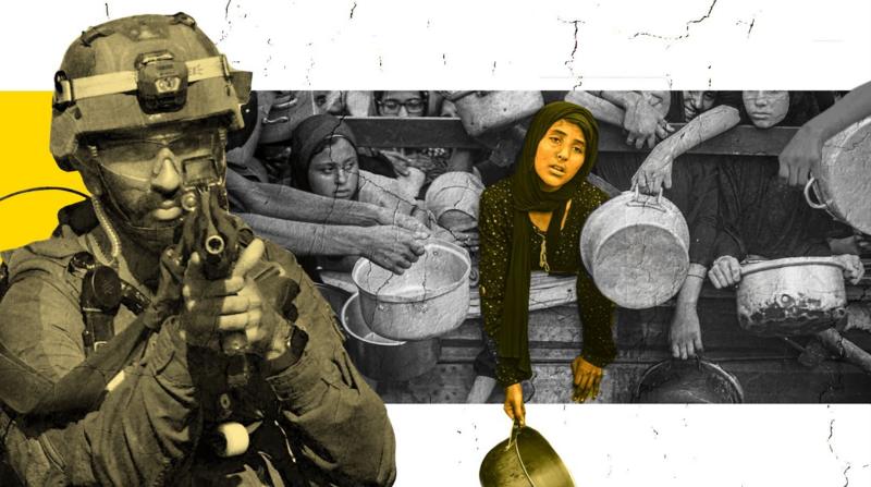 Gambar gabungan seorang tentara Israel mengarahkan senapannya ke lensa kamera dan warga Palestina memegang panci kosong, menunggu untuk menerima bantuan.