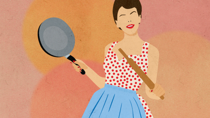 Ilustracija žene sa tiganjem i varjačom