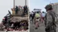 海岸の岩に上る多くの人たちの写真と、兵士に監視されながら国境を越える人たちの写真が縦半分ずつ並んでいる