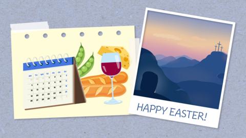 Illustration of a calendar, red wine, peas, cheese and a loaf of bread, with an image of hills with 3 crosses on at sunset, the words 'Happy Easter' written in caps.