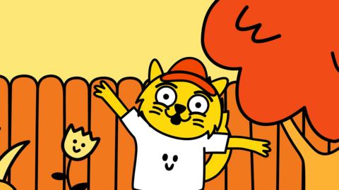 Cartoon cat with arms wide open in a garden. Cat is wearing a hat.