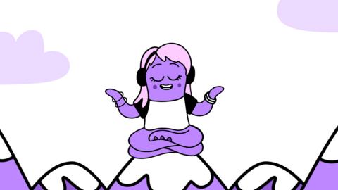 An animated purple octopus in meditation pose, wearing headphones on top of a mountain.