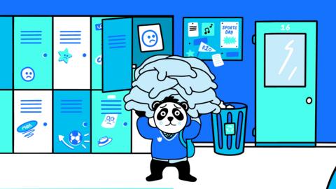 An animated blue panda in school uniform by some lockers holding up a load of full sacks.