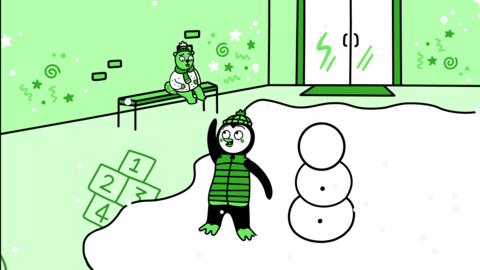 Cartoon penguin next to a snowman outside.