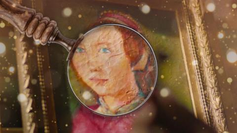 A painting of a Tudor lady, Maddie from A Kind of Spark, with a magnifying glass over her face.