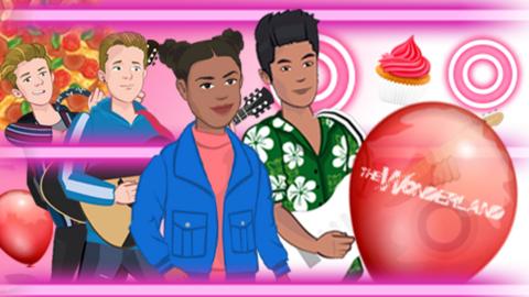 Nate, Chloe, Oakley and Harry from Almost Never are cartoon style in this new Almost Never rhythm game.