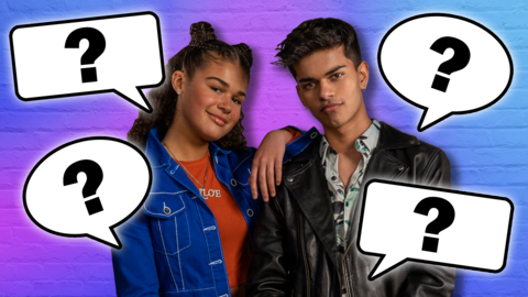 Chloe and Nate are standing against a blue and purple lit brick wall with speech bubbles with question marks around them