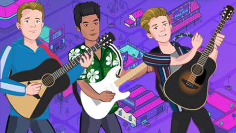 The Wonderland boys have been animated! Oakley is wearing bloody hoody playing his black guitar. Nate wearing a cool, green Hawaiian shirt and Harry wearing a maroon and navy striped shirt. Cool as ever shredding his dark brown guitar.