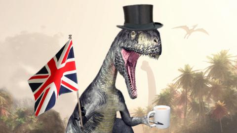 A Megalosaurus, with its mouth wide open, wearing a top hat, holding a Union Jack flag in one hand, and a mug of tea in the other.