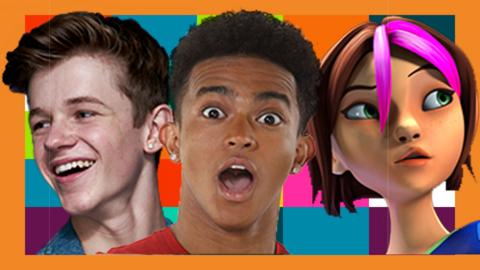 Various CBBC characters are arranged on a colourful tiled background.