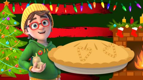 Image shows Pie Face character on a dark green and red striped background. There is a Christmas tree in the corner, as well as a fireplace. There is a large pie in the centre.