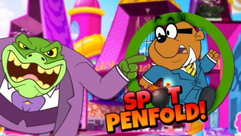 A cartoon toad with an evil expression, Baron Greenback from Danger Mouse, is pointing to a cartoon hamster wearing glasses and a suit running away worryingly from the toad in a green circle. The background is a large pink house. In the foreground is the text "Spot Penfold!"