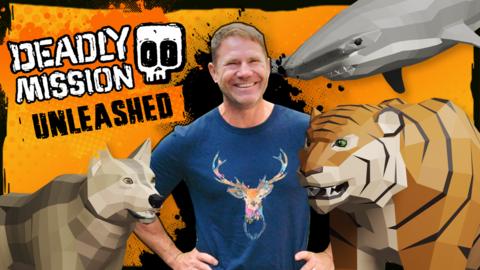 Steve is standing next to a wolf, a tiger and a shark. There is also the "Deadly Mission Unleashed" game logo