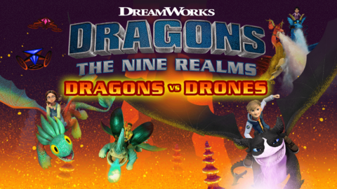 Dragons verses Drones. Teenagers are flying on the backs of dragons with drones in the distance following them