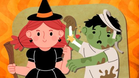 A girl is dressed like a witch and a boy is dressed like a zombie. They are both in front of a green board and an orange wavy backdrop