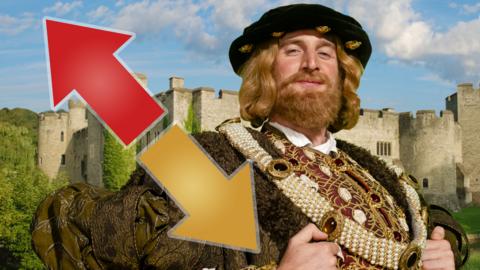 A man dressed in tudor clothing with ginger hair and beard, Henry VII, is holding his jacket proudly looking to camera. Behind him is a castle on a hill and in front are two opposite arrows, red and yellow.