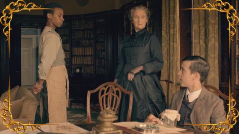 A Victorian school room, with a serving boy, an elderly lady in black and a seated young man, set in a gold frame.