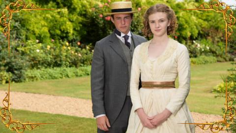 A young woman (Emily) in a garden with a young man wearing a suit - set in a gold frame.