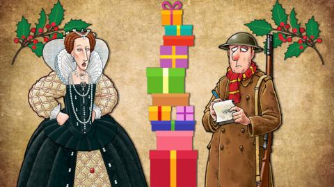 A woman in a gown and ruff (Queen Elizabeth I) and a man in a brown uniform (a world war one soldier) stand next to a pile of presents looking unimpressed.