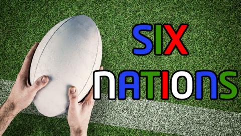 A close up of some hands holding a rugby ball and the text 'SIX NATIONS' over the top of the image