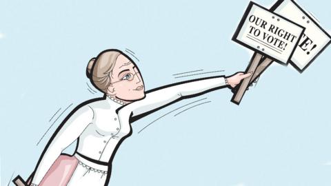 Cartoon of a woman holding a placard reading 'Our right to vote'