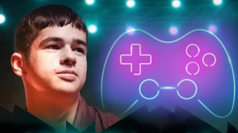 Jamie with a neon light illustration of a game controller.