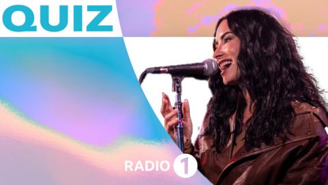 Demi Lovato sings into a microphone next to a colourful background and the word Quiz