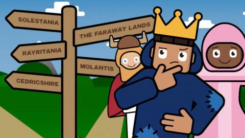 A field with hills on a blue sky and a pathway. On the path is a signpost with several different arrows pointing different ways. Below is a young character in a crown looking puzzled at the post, next to him is a Princess in a pink gown and behind them is a young boy smiling to camera in armour.