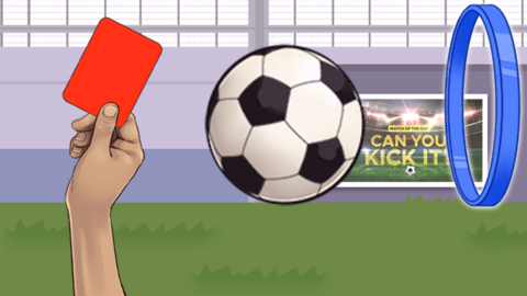 A hand holding a red card, a black and white football in the air, aiming to get through a blue hoop.