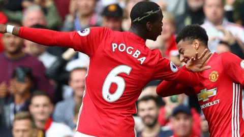 Paul Pogba and Jesse Lingard of Manchester United celebrating a goal