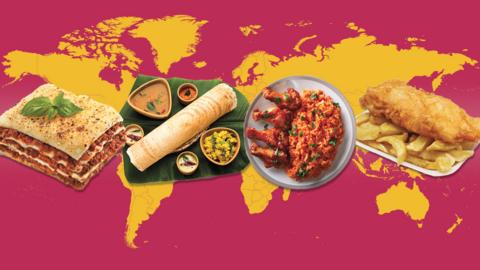 Pink background with a yellow map of the world. There are four images of food from around the world.