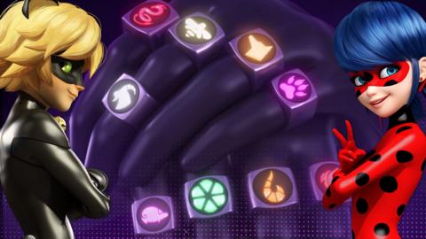 Ladybug and cat noir are in front of many miraculous rings