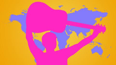 A silhouette of a man holding a guitar. World map in the background.