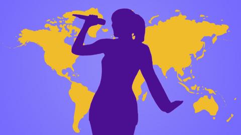 A silhouette of a singer singing into a microphone. World map in the background.