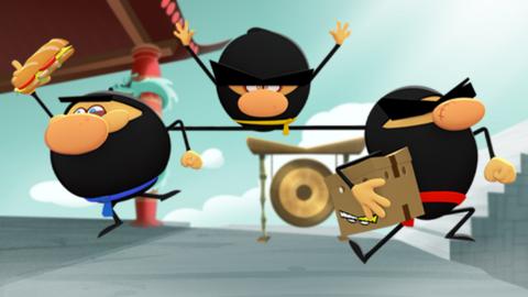 Three cartoon ninjas leap and run in this Ninja Express runner game.